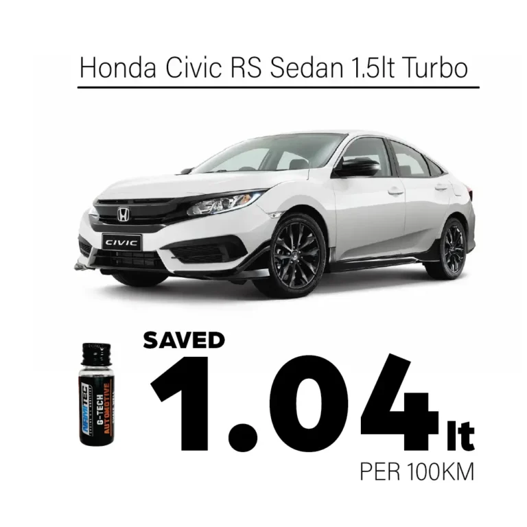 a white car with black text